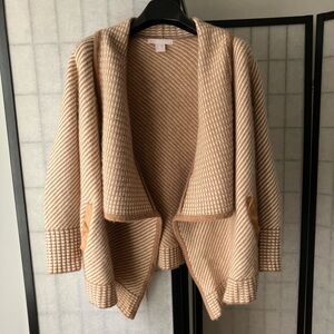 The Cashmere Project Open Front Draped Cardigan Sweater Tan White Stripes
